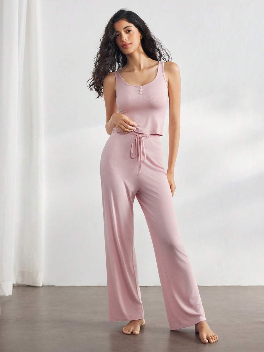 SHEIN Ocili بيجامة بلون وردي فاتح بتوب بأزرار بدون أكمام مع بنطلون مريح