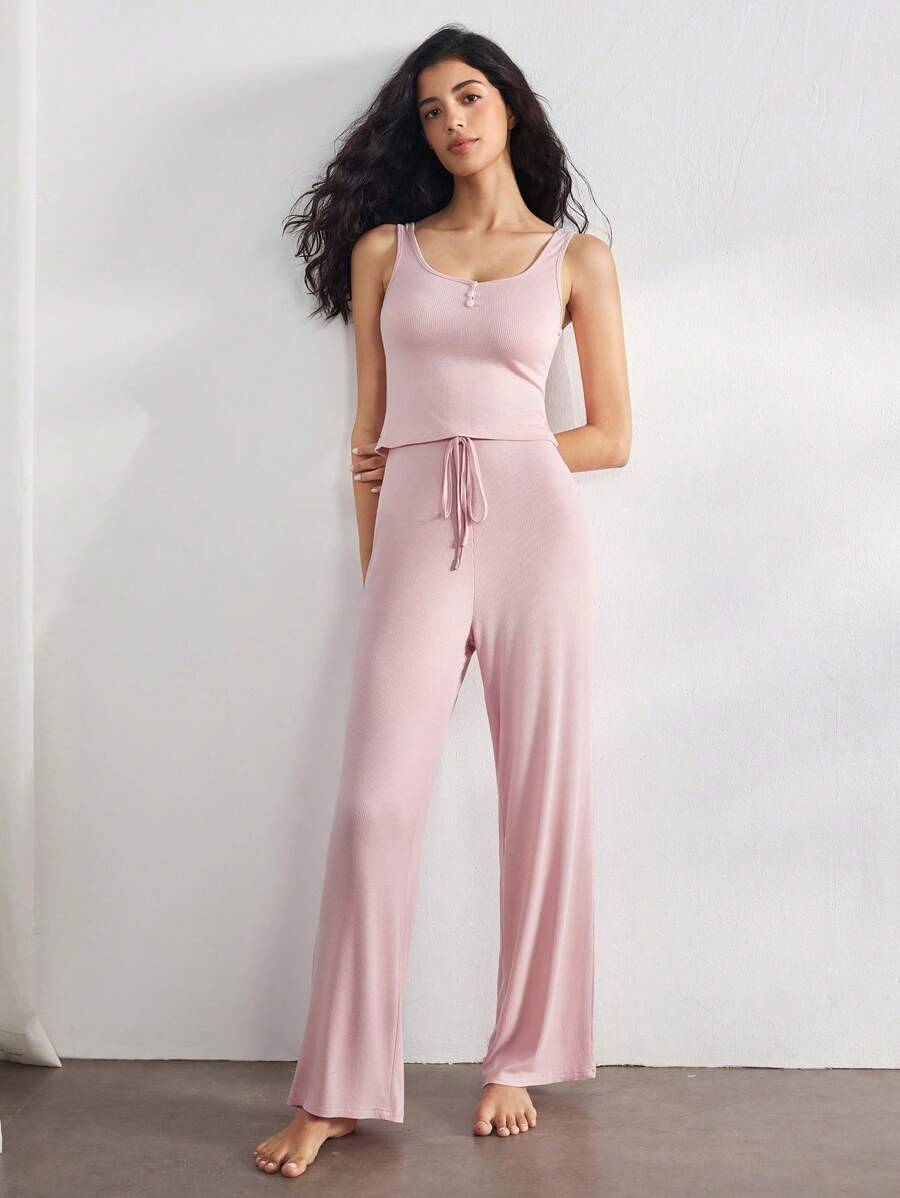 SHEIN Ocili بيجامة بلون وردي فاتح بتوب بأزرار بدون أكمام مع بنطلون مريح