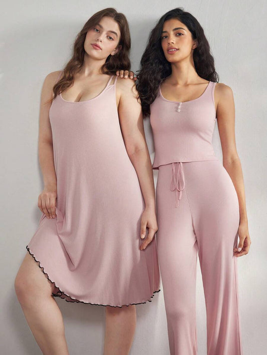 SHEIN Ocili بيجامة بلون وردي فاتح بتوب بأزرار بدون أكمام مع بنطلون مريح