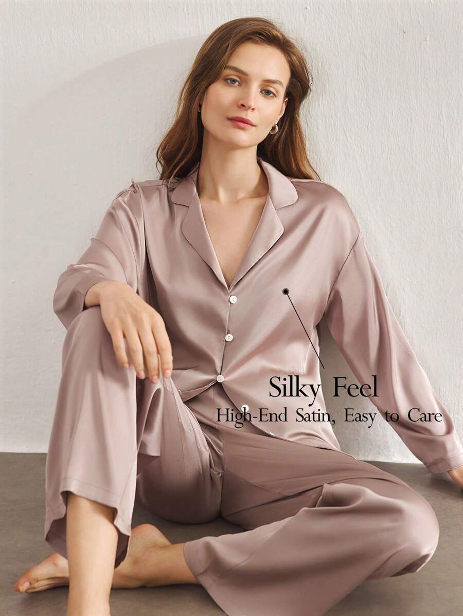 SHEIN Ocili طقم بيجامة قطعتين من الساتان الحريري الفضفاض بأكمام طويلة