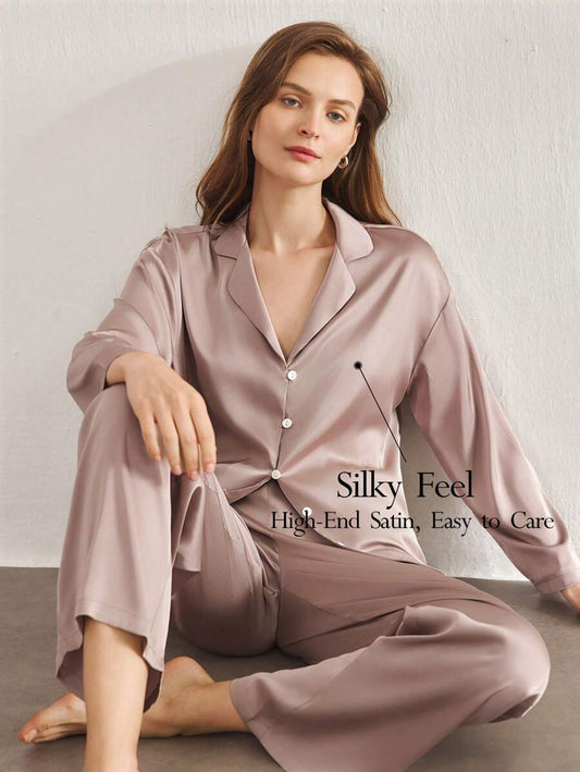 SHEIN Ocili طقم بيجامة قطعتين من الساتان الحريري الفضفاض بأكمام طويلة