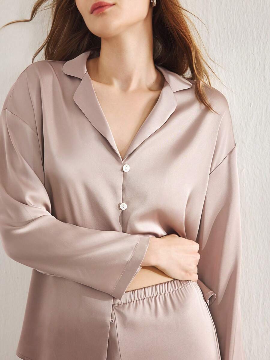 SHEIN Ocili طقم بيجامة قطعتين من الساتان الحريري الفضفاض بأكمام طويلة