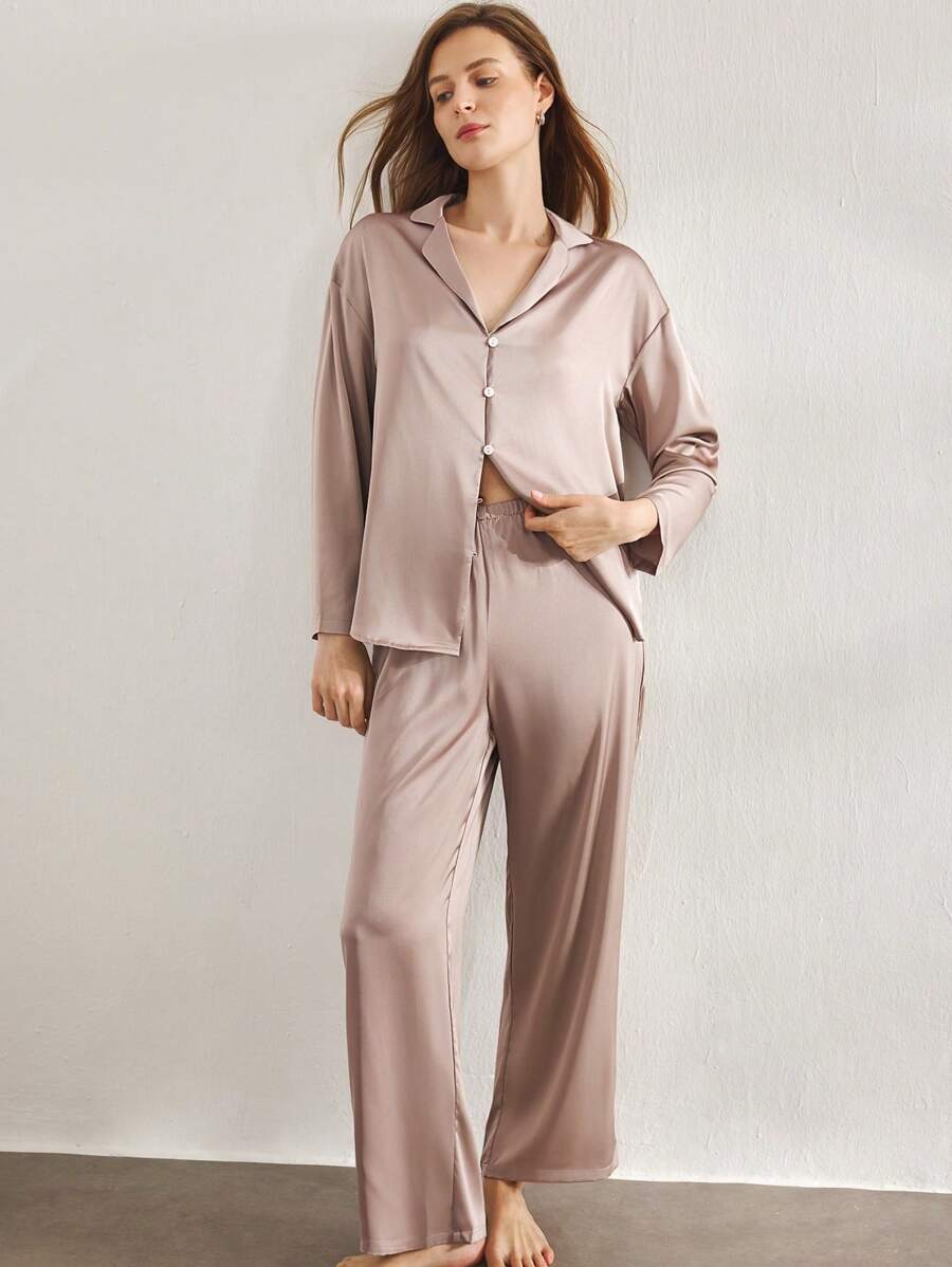 SHEIN Ocili طقم بيجامة قطعتين من الساتان الحريري الفضفاض بأكمام طويلة