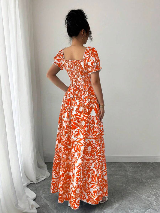 SHEIN Elenzga فستان برتقالي طويل بطبعة زهور وأكمام بفقاعات