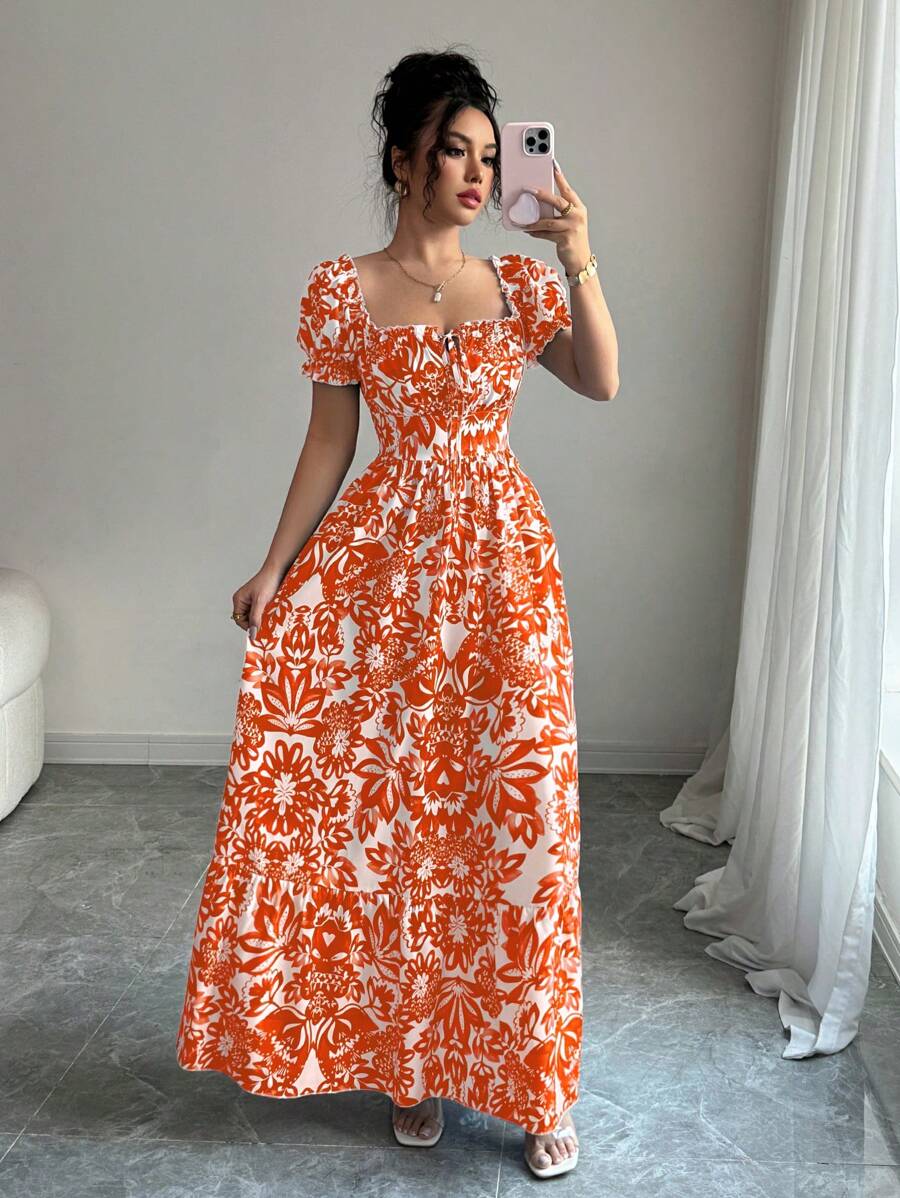 SHEIN Elenzga فستان برتقالي طويل بطبعة زهور وأكمام بفقاعات