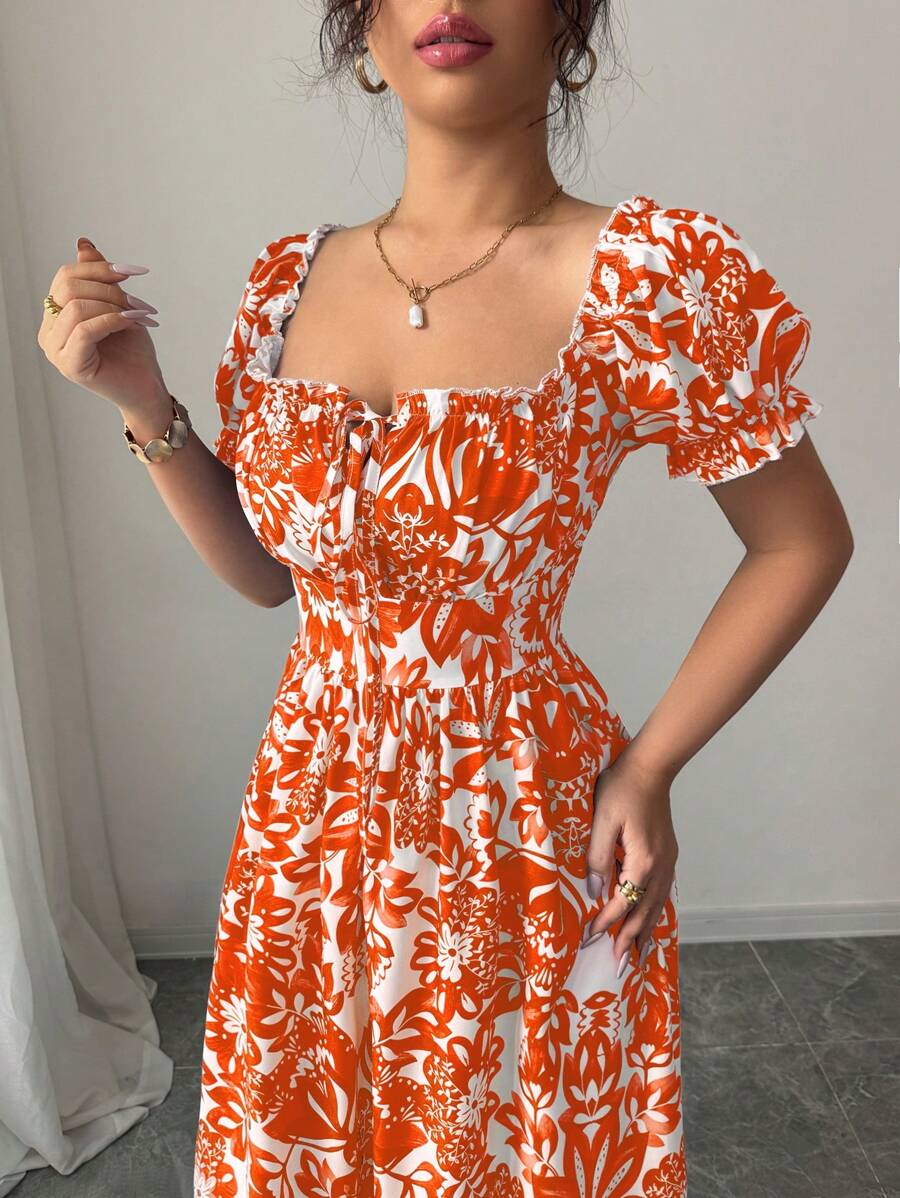 SHEIN Elenzga فستان برتقالي طويل بطبعة زهور وأكمام بفقاعات