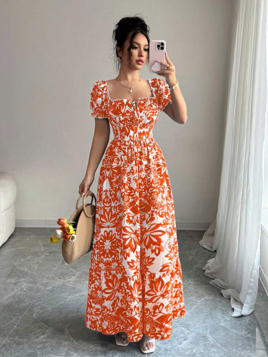 SHEIN Elenzga فستان برتقالي طويل بطبعة زهور وأكمام بفقاعات