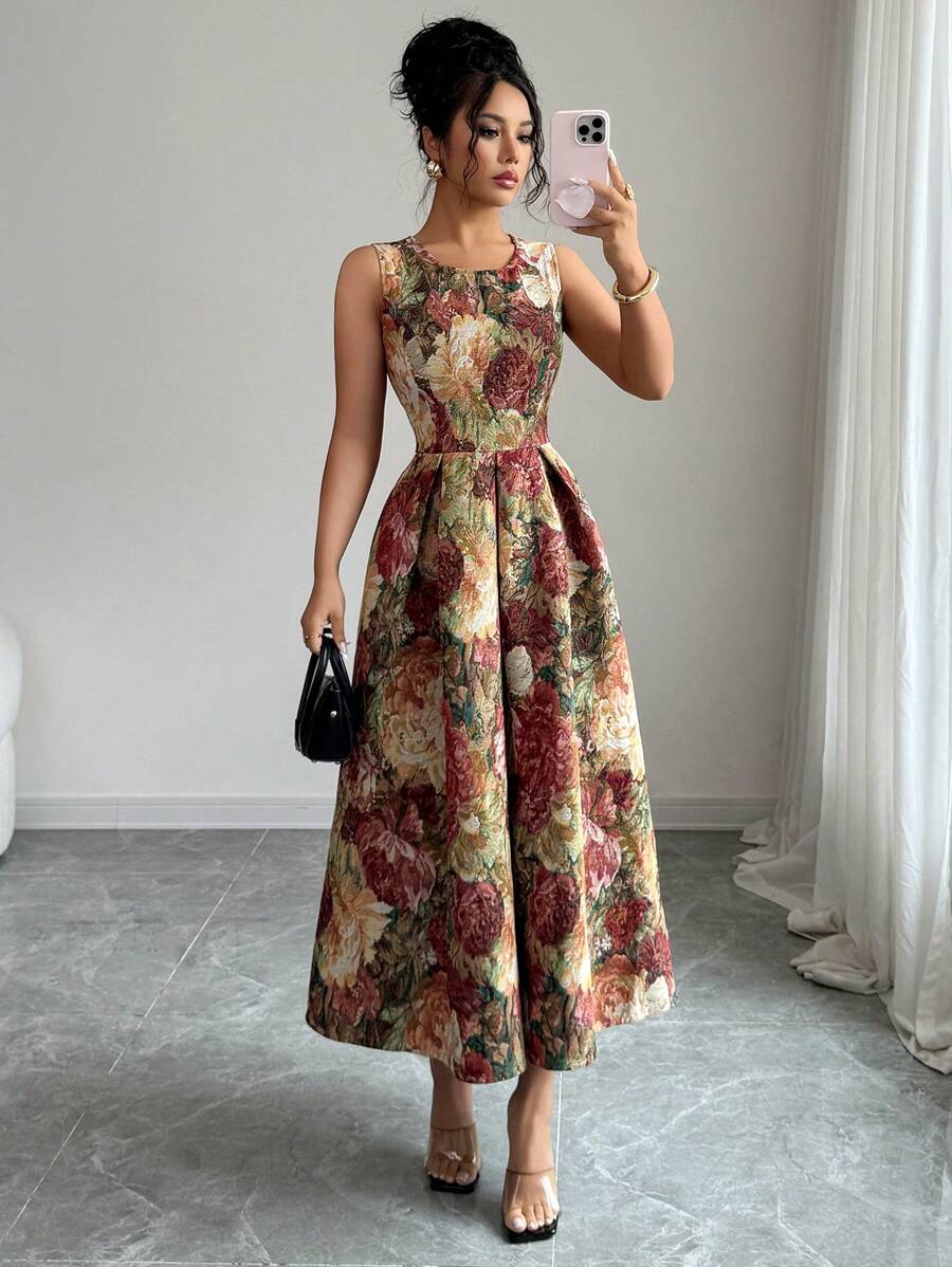SHEIN Elenzga فستان متوسط الطول بلا أكمام بياقة عالية بطبعات كاملة