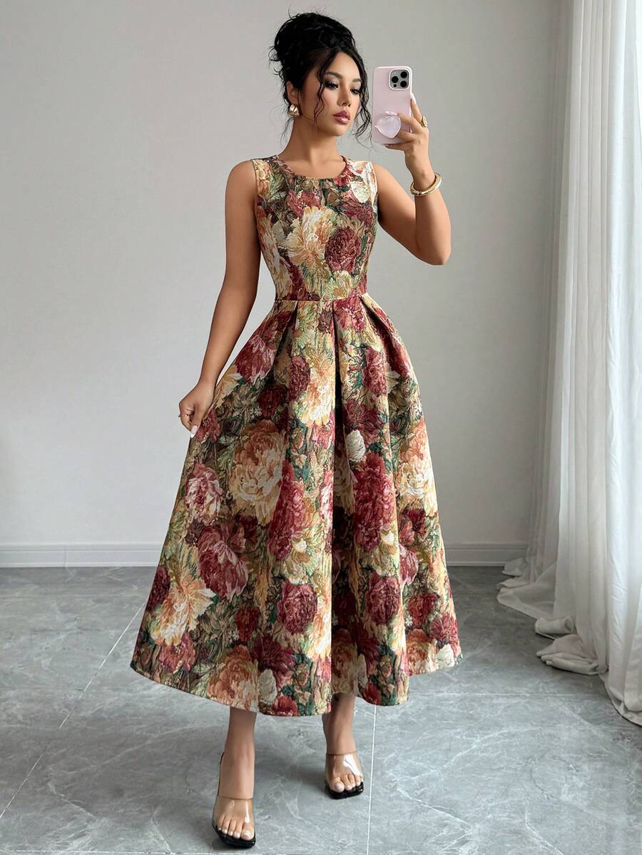 SHEIN Elenzga فستان متوسط الطول بلا أكمام بياقة عالية بطبعات كاملة