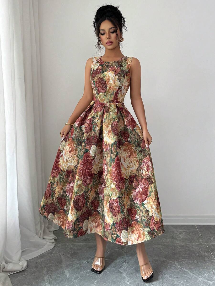 SHEIN Elenzga فستان متوسط الطول بلا أكمام بياقة عالية بطبعات كاملة