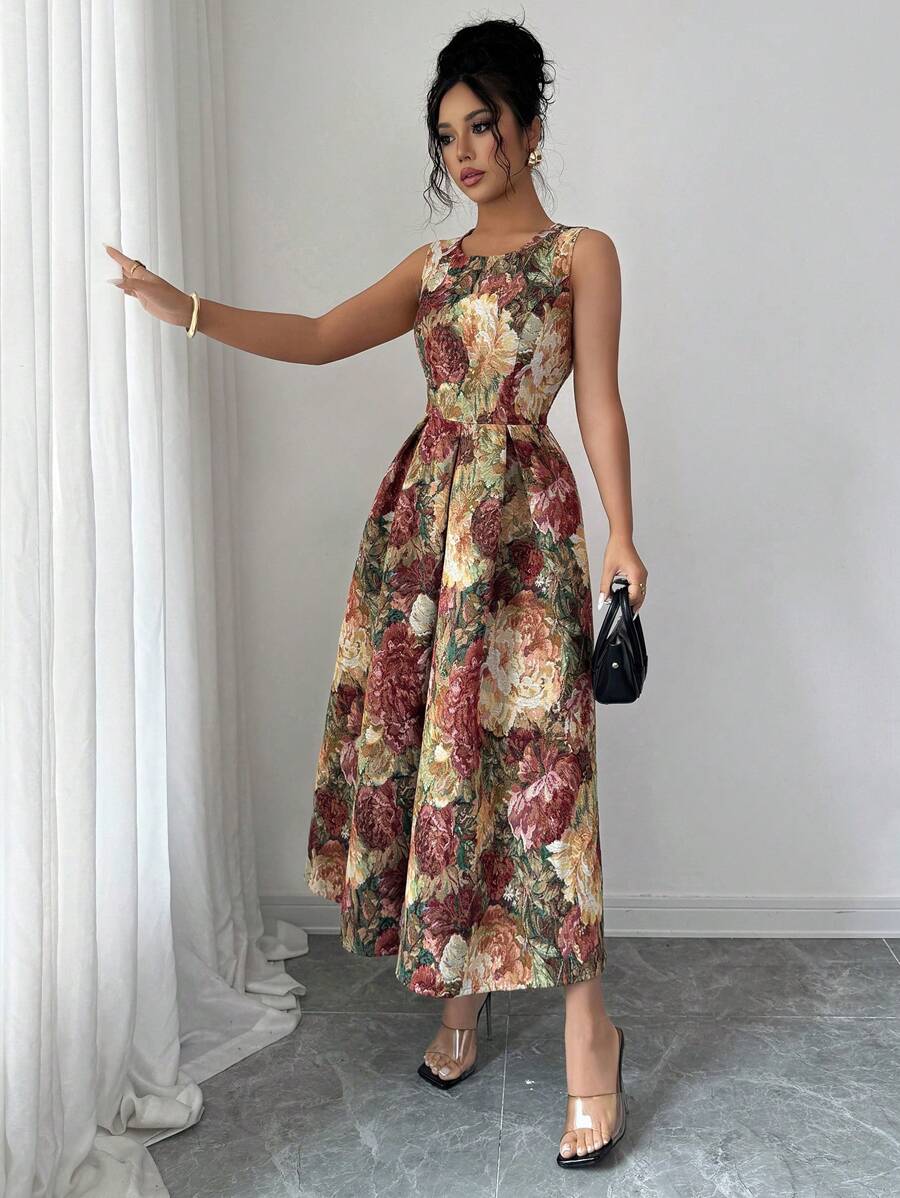 SHEIN Elenzga فستان متوسط الطول بلا أكمام بياقة عالية بطبعات كاملة