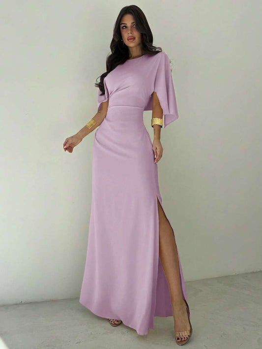 SHEIN Firerie فستان سهرة بخصر مطوي ورقبة قارب بلون أرجواني