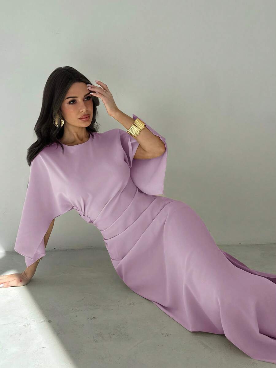 SHEIN Firerie فستان سهرة بخصر مطوي ورقبة قارب بلون أرجواني