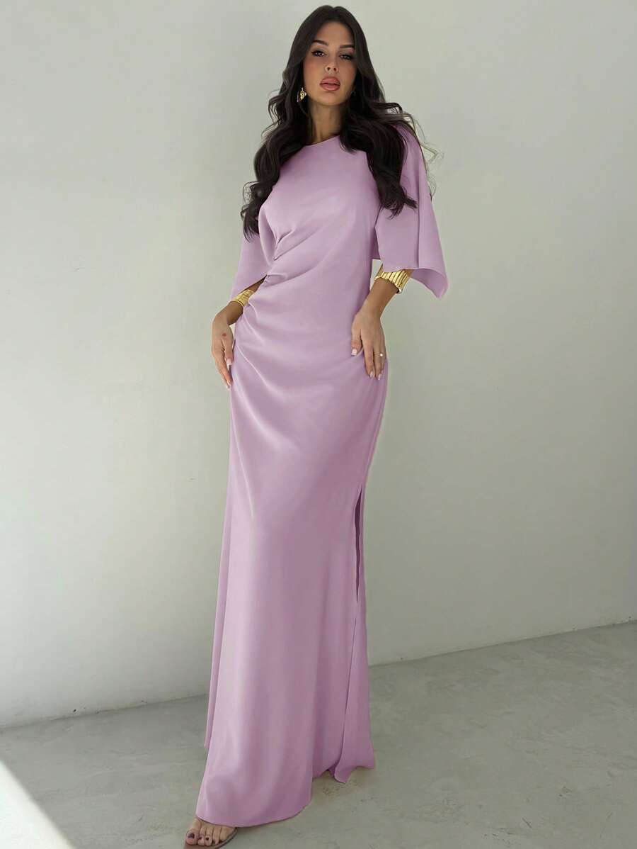 SHEIN Firerie فستان سهرة بخصر مطوي ورقبة قارب بلون أرجواني