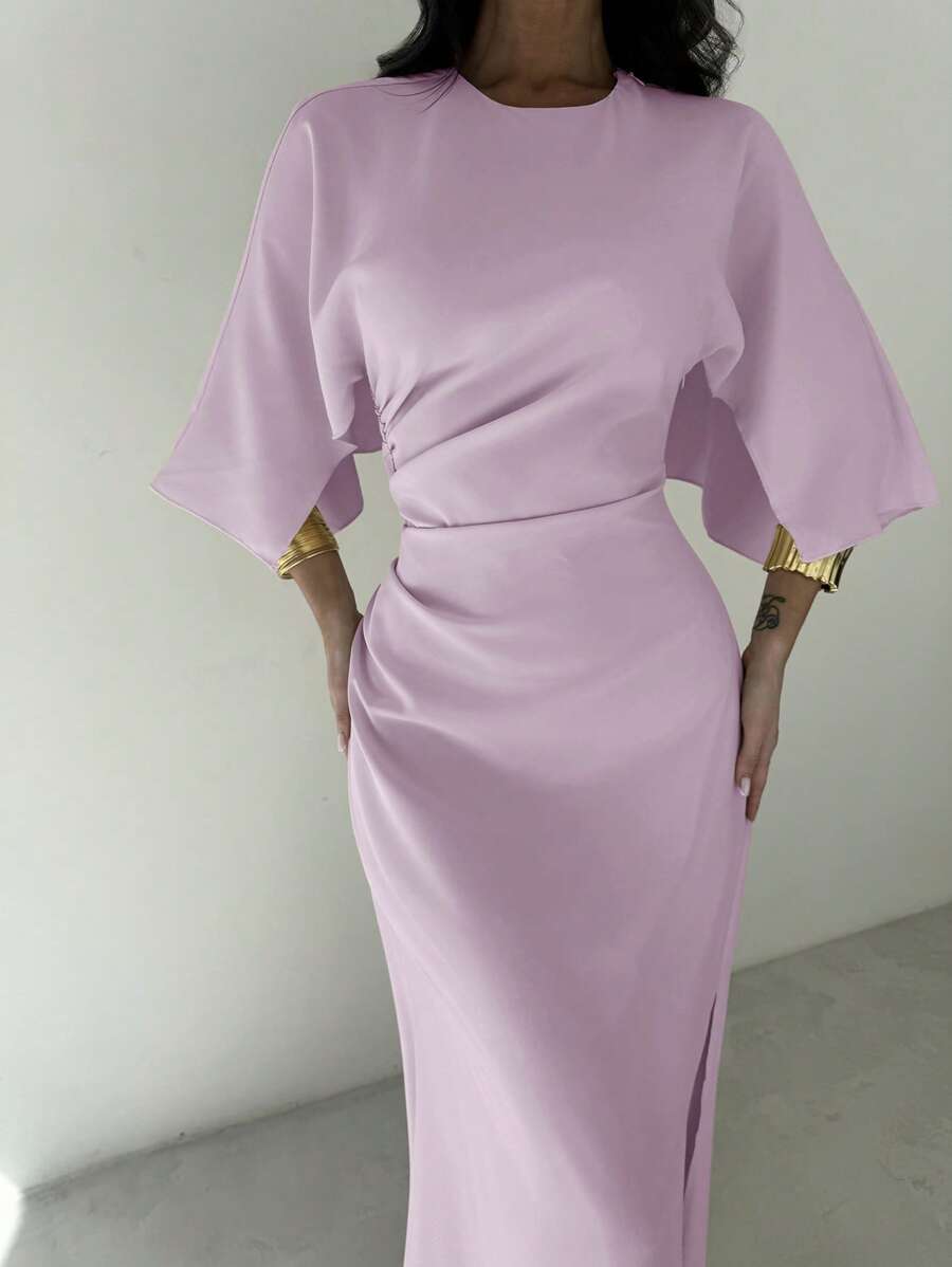 SHEIN Firerie فستان سهرة بخصر مطوي ورقبة قارب بلون أرجواني