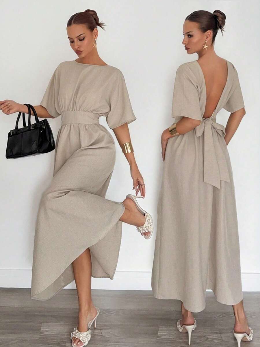 SHEIN Siren Gaze فستان بأكمام خفاش وظهر مكشوف وربطة خصر
