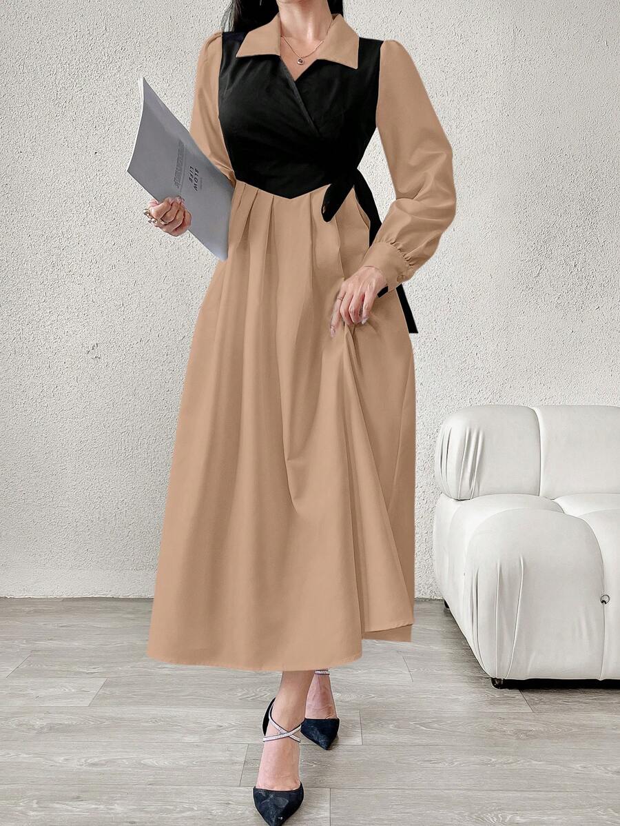 SHEIN Mulvari فستان كاكي بيج أنيق بربطة خلفية