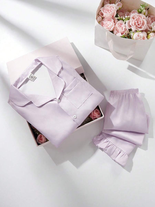 SHEIN طقم بناتي قطعتان من الستان الناعم بأكمام وحواف مكشكشة