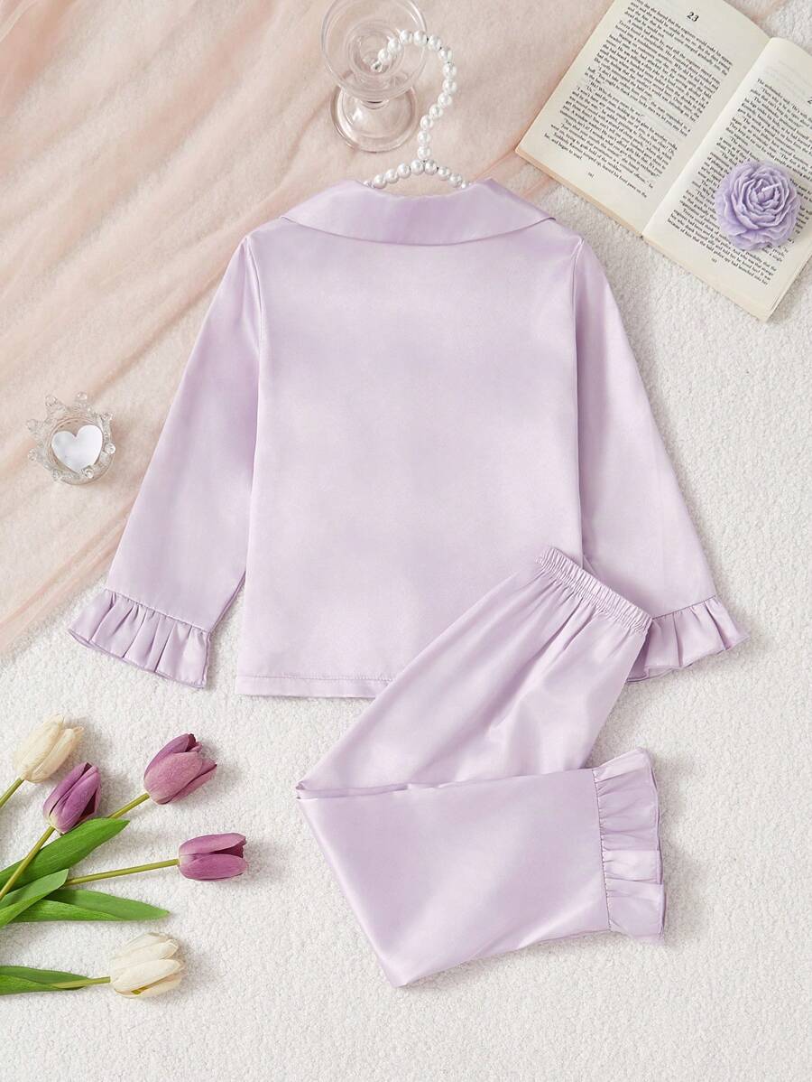 SHEIN طقم بناتي قطعتان من الستان الناعم بأكمام وحواف مكشكشة