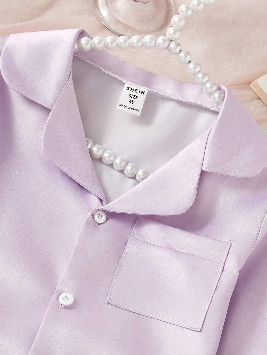 SHEIN طقم بناتي قطعتان من الستان الناعم بأكمام وحواف مكشكشة