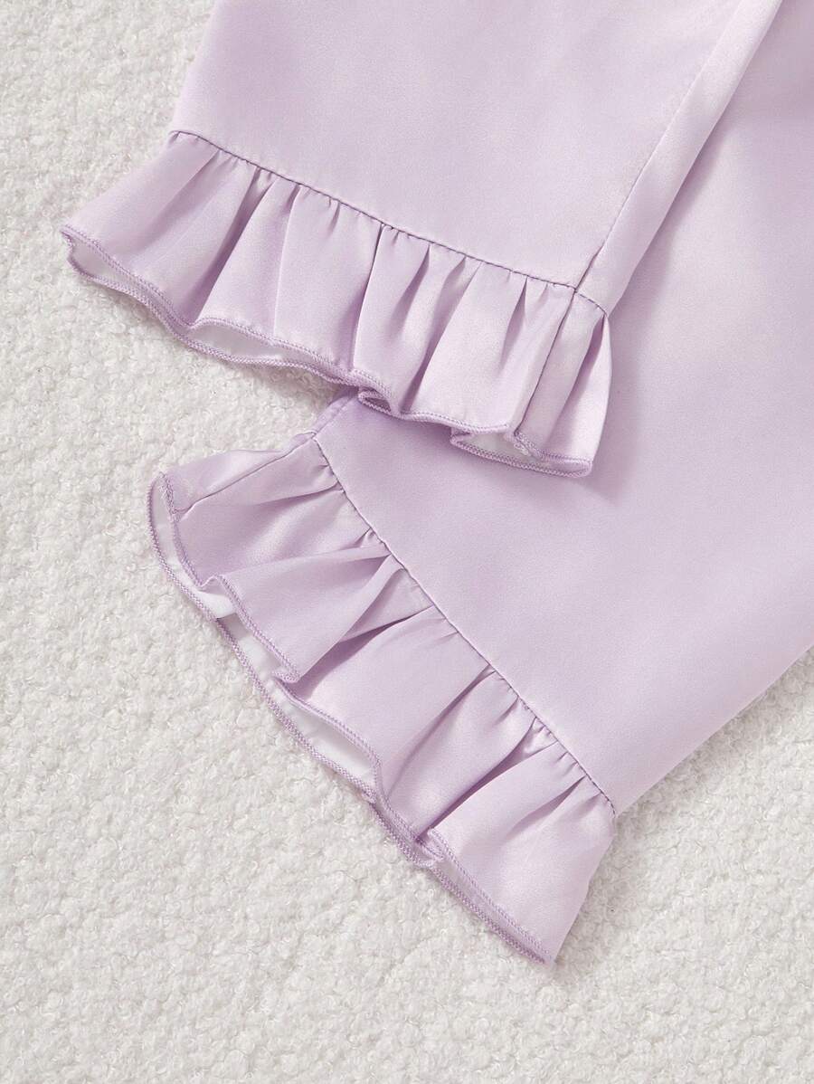 SHEIN طقم بناتي قطعتان من الستان الناعم بأكمام وحواف مكشكشة