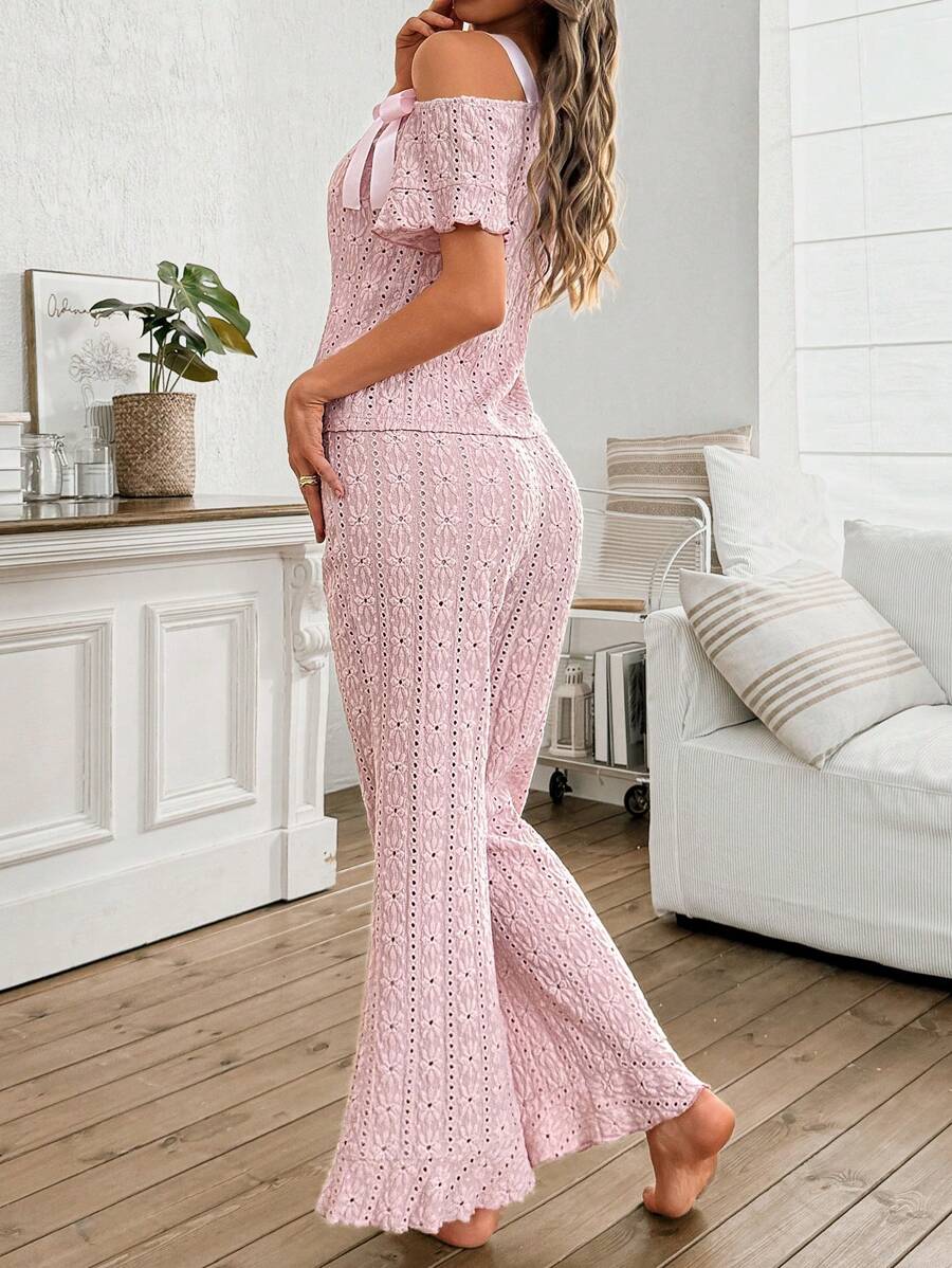 SHEIN طقم ملابس منزلية قصيرة الأكمام مع ربطة عنق كاجوال