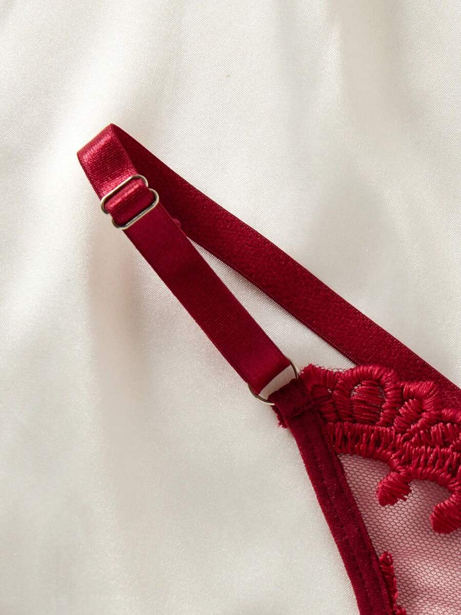 SHEIN طقم قطعتين باللون العنابي قميص نوم فاخر مطرز بفيونكة