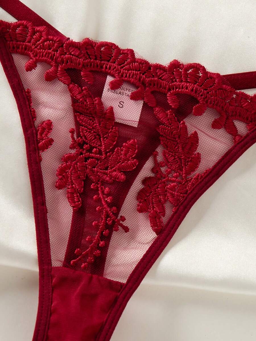 SHEIN طقم قطعتين باللون العنابي قميص نوم فاخر مطرز بفيونكة