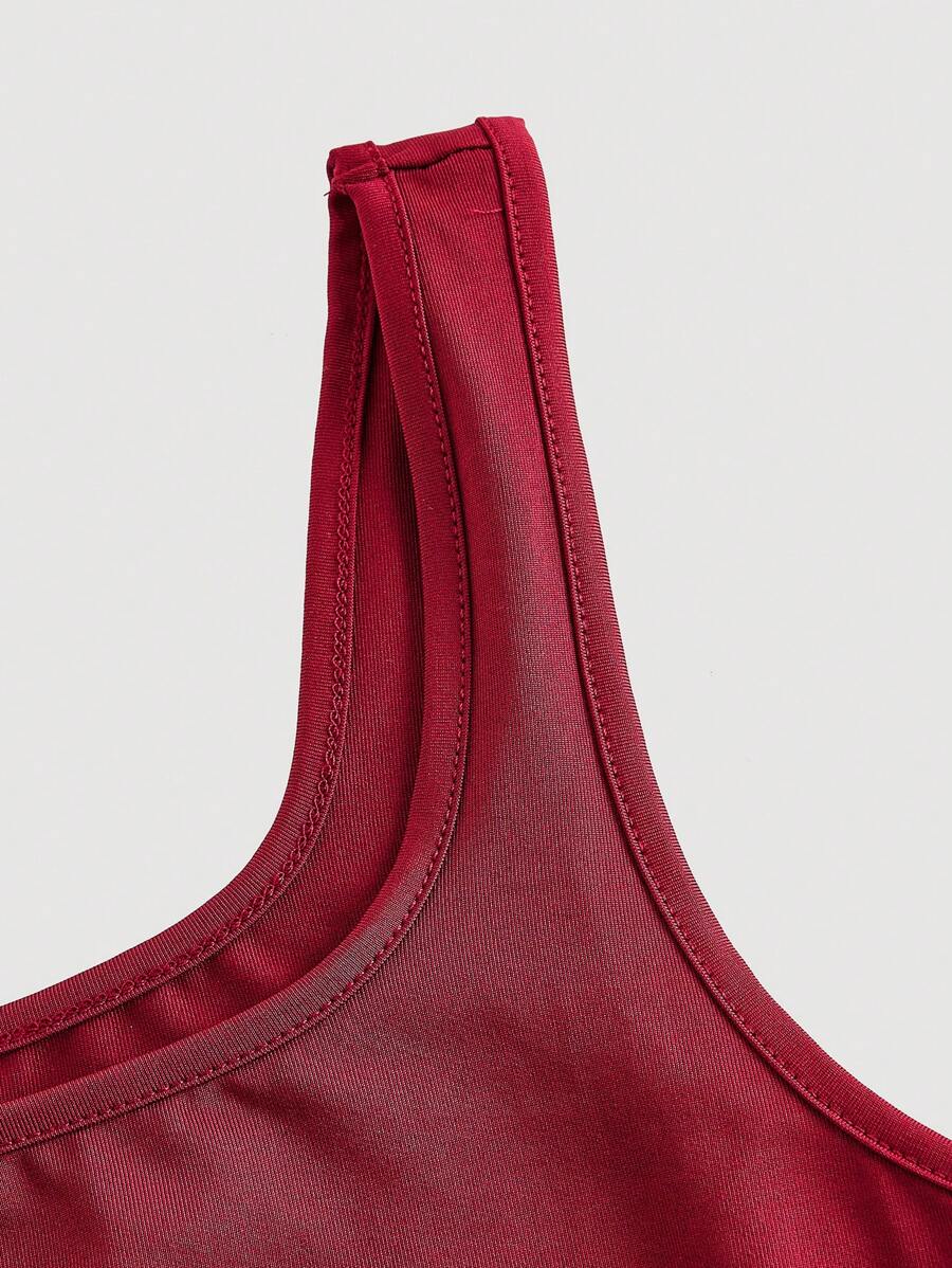 SHEIN MOD فستان عنابي بأكمام طويلة وكتف منسدل وتفاصيل شبكية