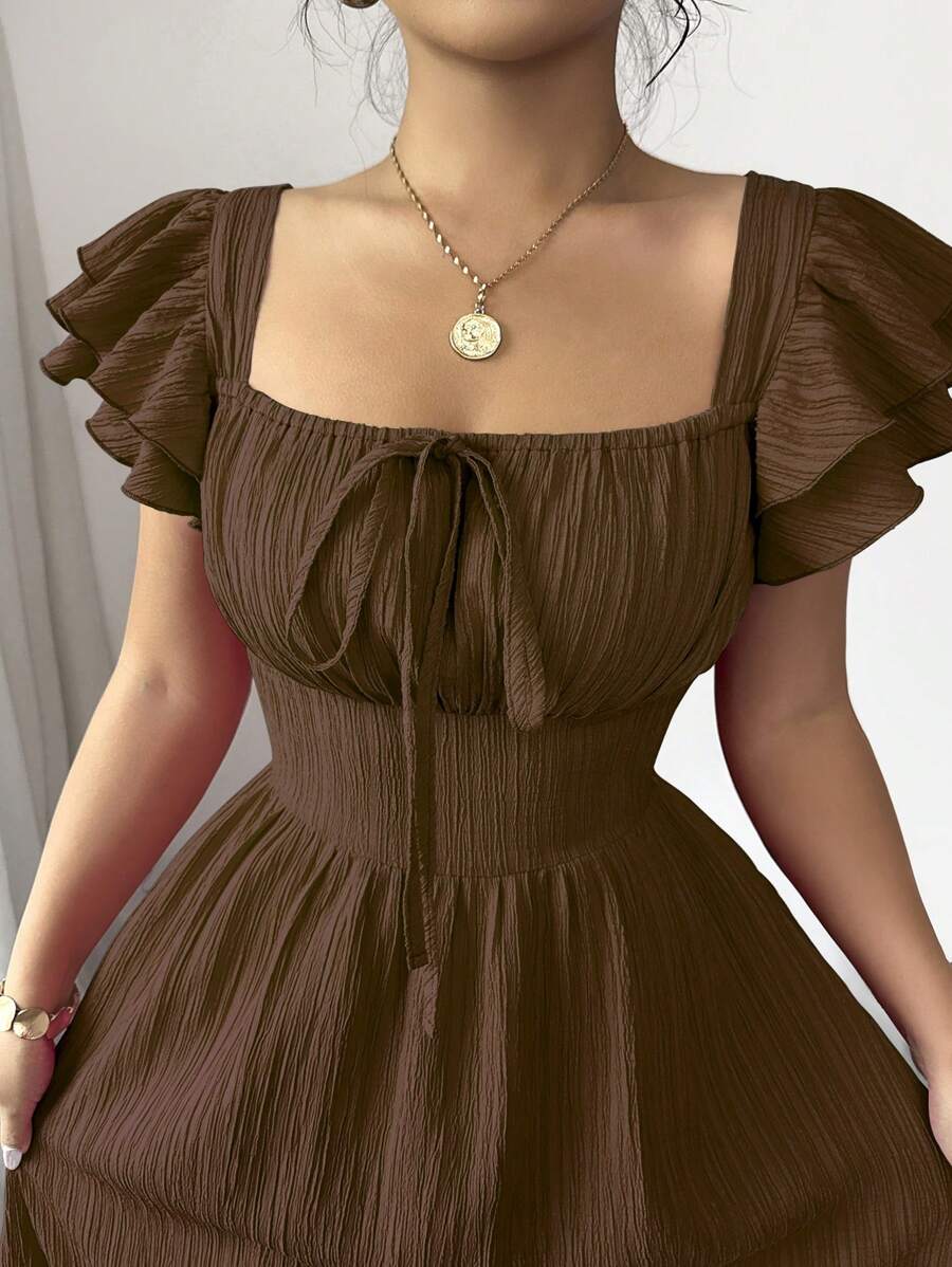 SHEIN Selianne فستان بني متوسط الطول بياقة مربعة وكشكشة