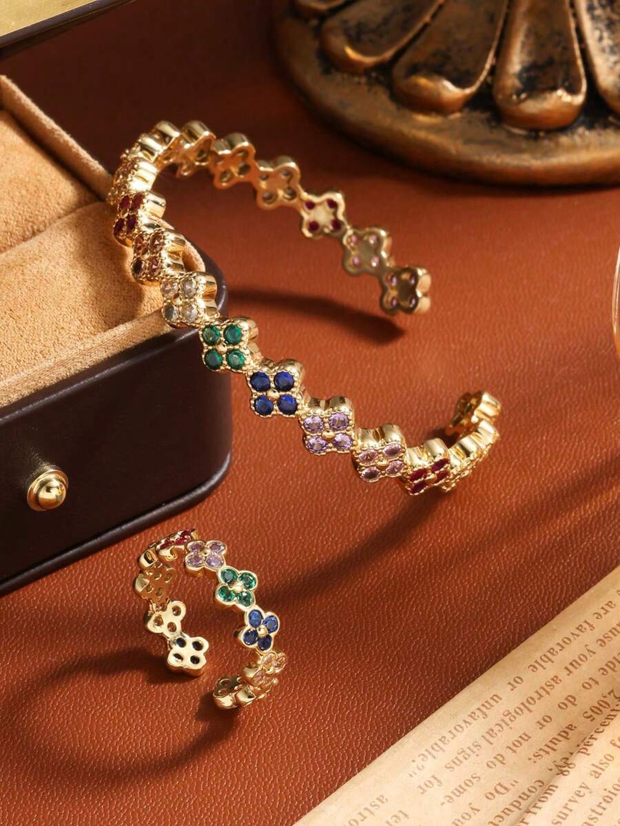 SHEIN rakol مجموعة 2 قطع سوار وخاتم مزين بزركونيا مكعبة