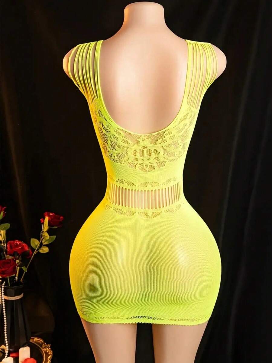SHEIN طقم ملابس داخلية شبكي فلوريسنت مفتوح بين الأرجل وقابل للخلع