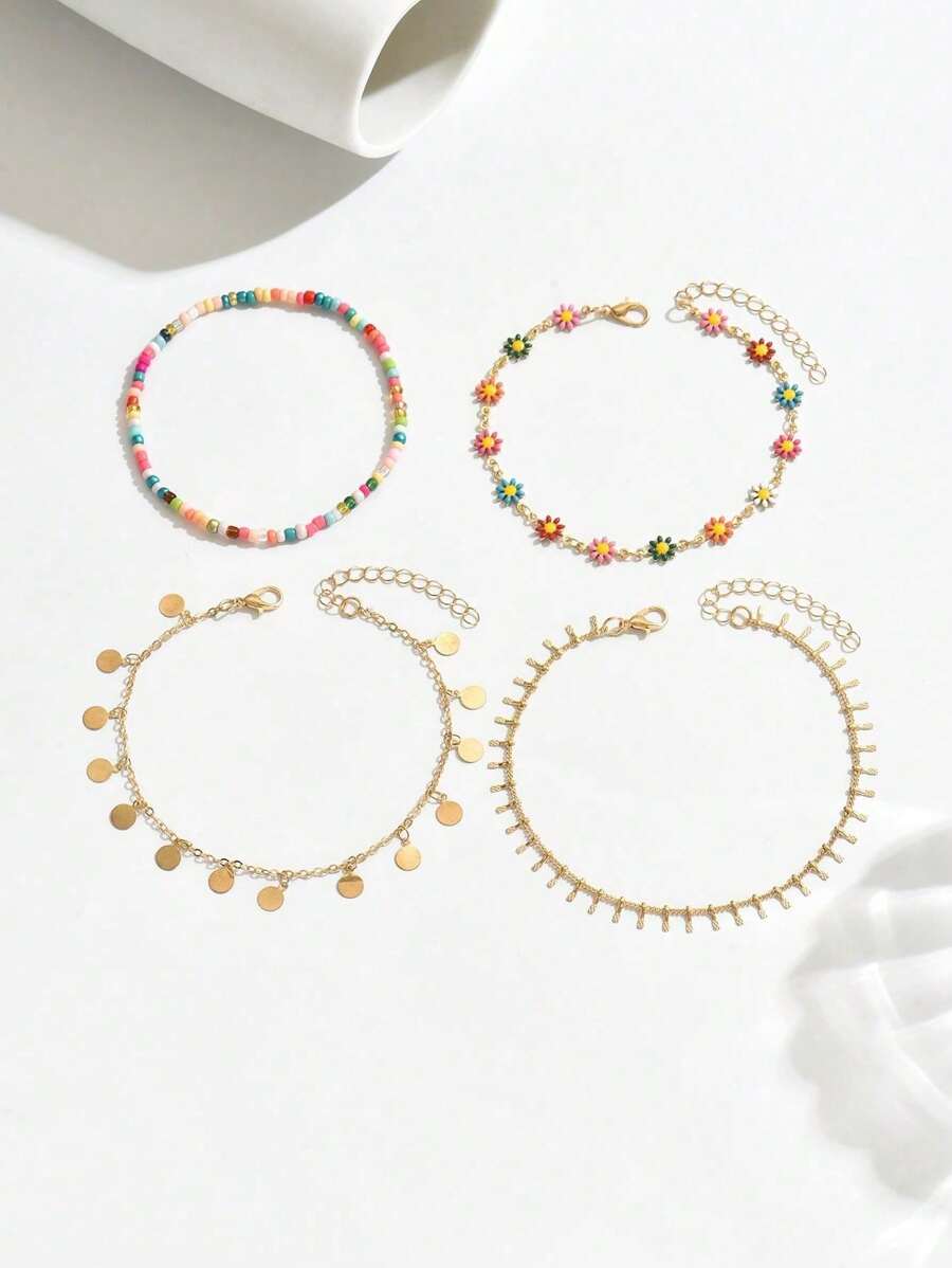 SHEIN طقم 4 أساور كاحل بوهيمية متعددة الطبقات ملونة