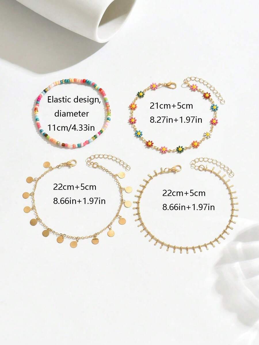 SHEIN طقم 4 أساور كاحل بوهيمية متعددة الطبقات ملونة
