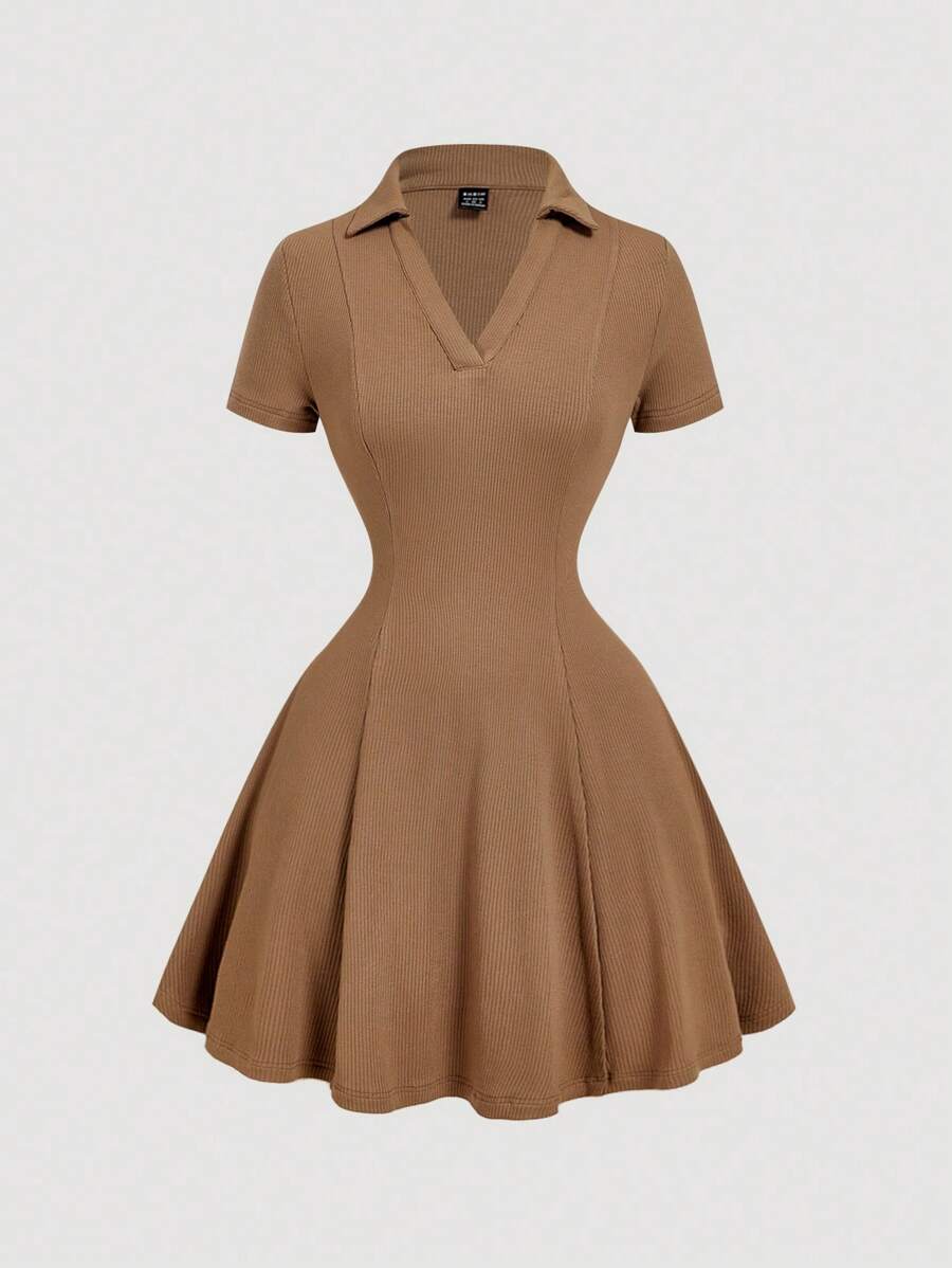 SHEIN MOD فستان كنزة ميني بلون كاكي وياقة مكشكشة