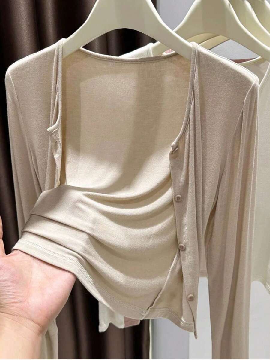 SHEIN INAWLY بلوزة نسائية بأزرار أمامية ولون كاكي