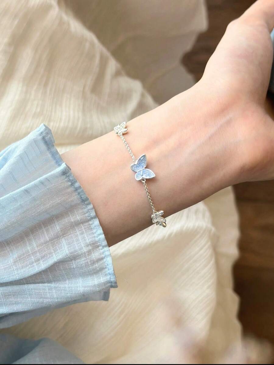 SHEIN طقم مجوهرات نسائي فراشة كريستال أزرق 5 قطع