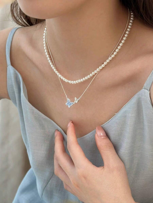 SHEIN طقم مجوهرات نسائي فراشة كريستال أزرق 5 قطع