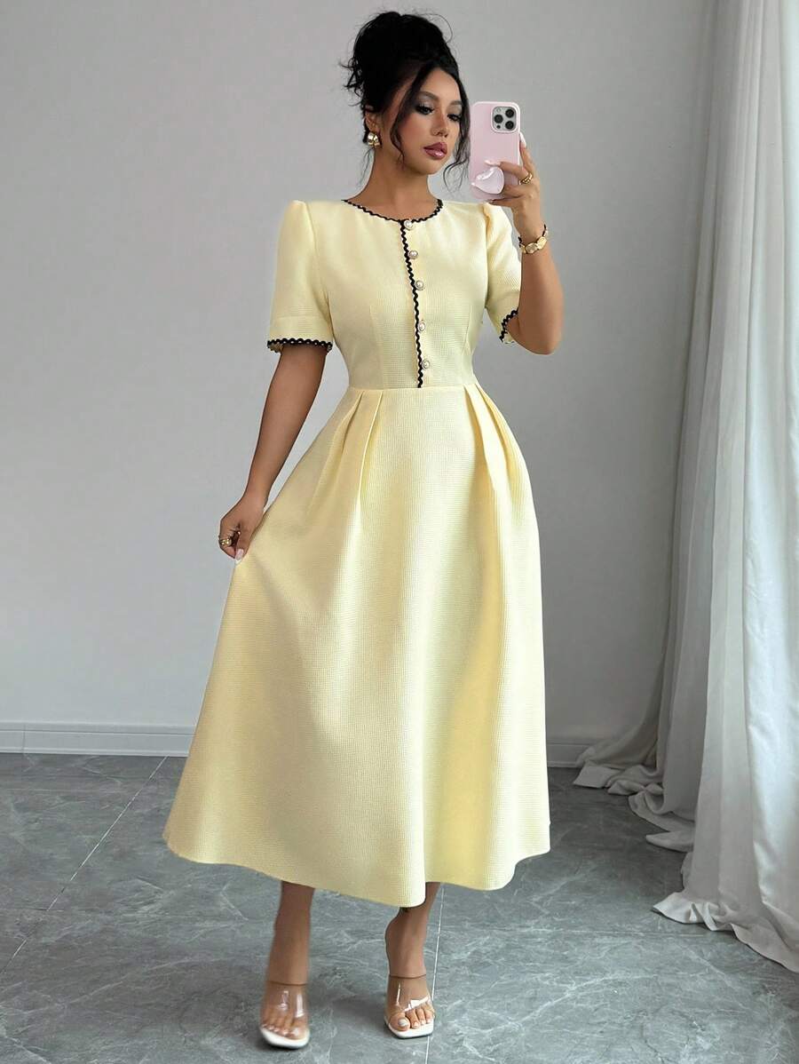 SHEIN Rafferiza فستان أصفر شيفون متوسط الطول بأكمام قصيرة منتفخة