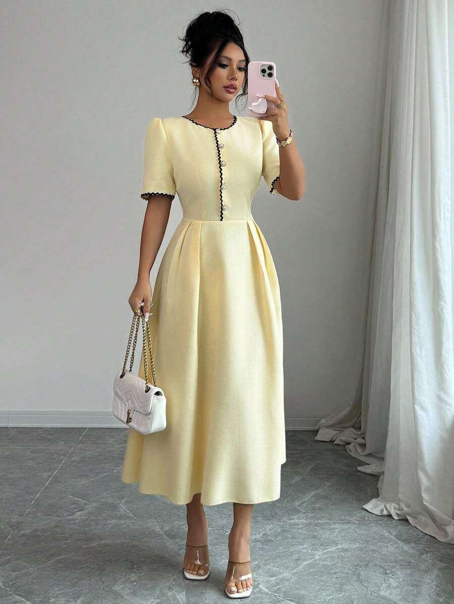 SHEIN Rafferiza فستان أصفر شيفون متوسط الطول بأكمام قصيرة منتفخة