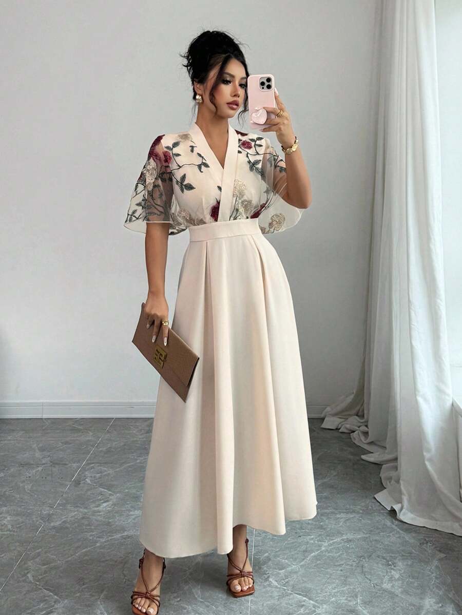 SHEIN Rafferiza فستان أنيق بغرز مطرزة على شبكة بلون بيج فاتح