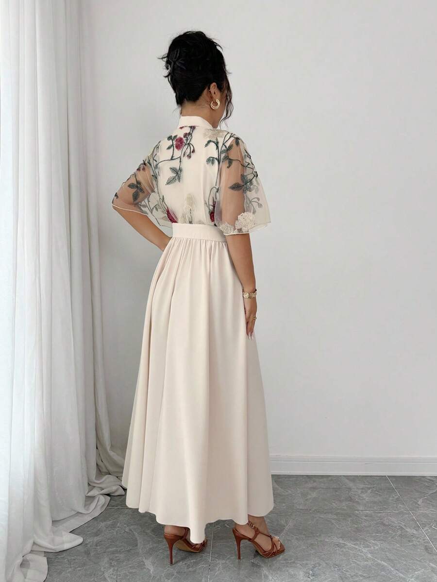 SHEIN Rafferiza فستان أنيق بغرز مطرزة على شبكة بلون بيج فاتح