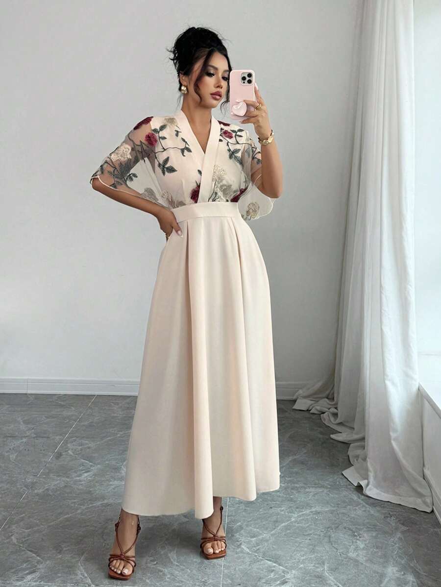 SHEIN Rafferiza فستان أنيق بغرز مطرزة على شبكة بلون بيج فاتح