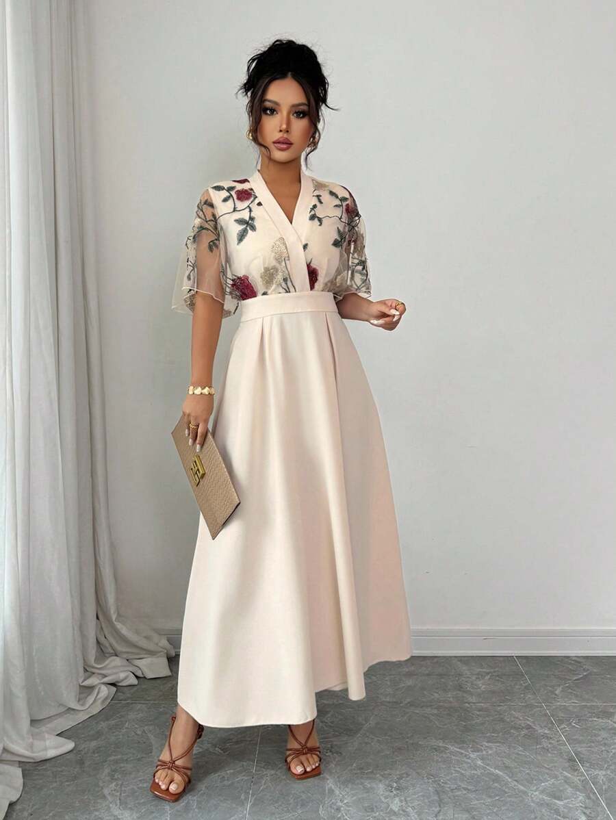 SHEIN Rafferiza فستان أنيق بغرز مطرزة على شبكة بلون بيج فاتح