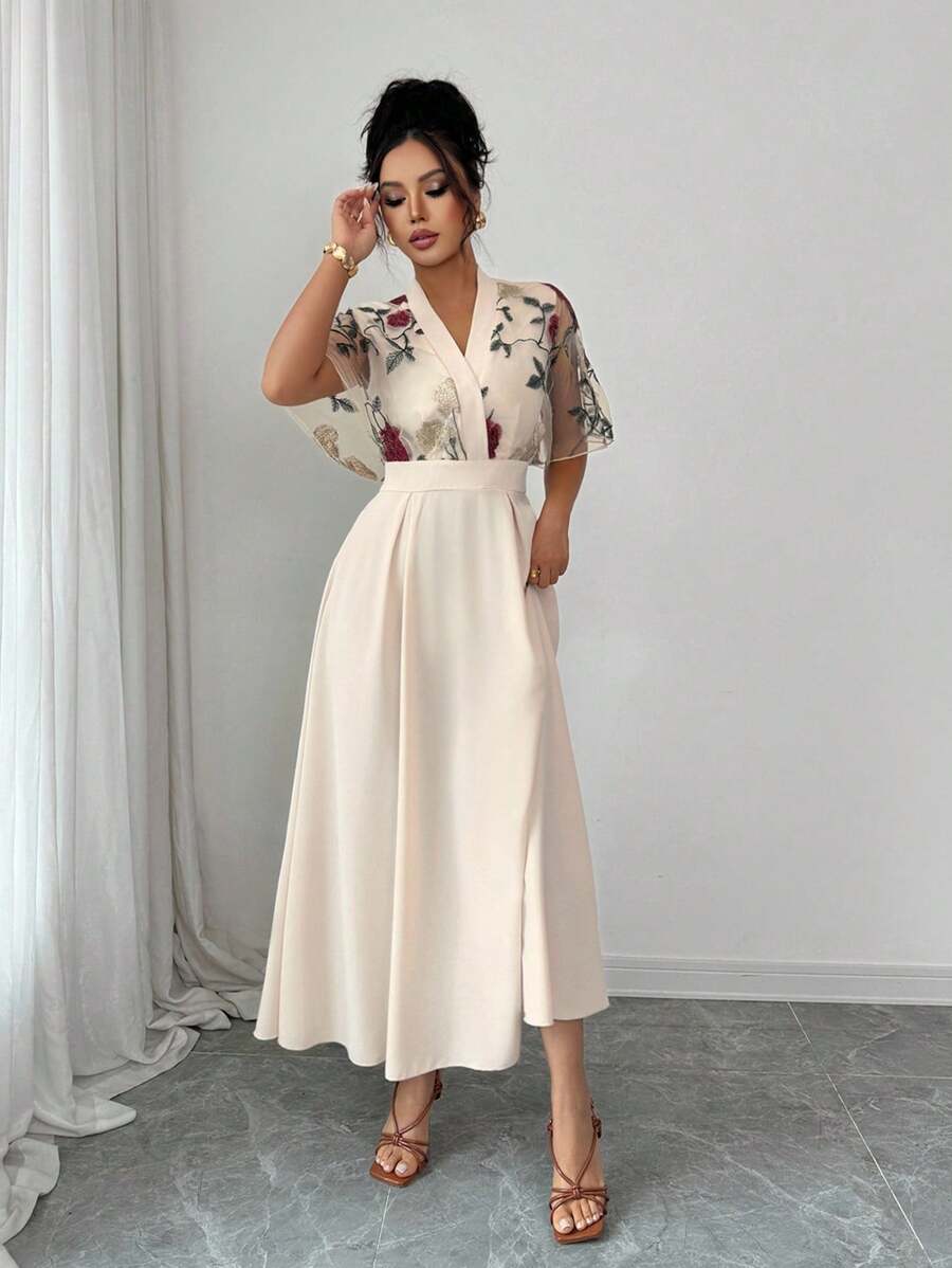 SHEIN Rafferiza فستان أنيق بغرز مطرزة على شبكة بلون بيج فاتح