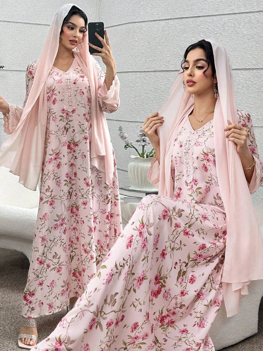 SHEIN Yasmyna فستان وردي بطبعة زهرية مع وشاح من الشيفون بتطعيمات من الدانتيل