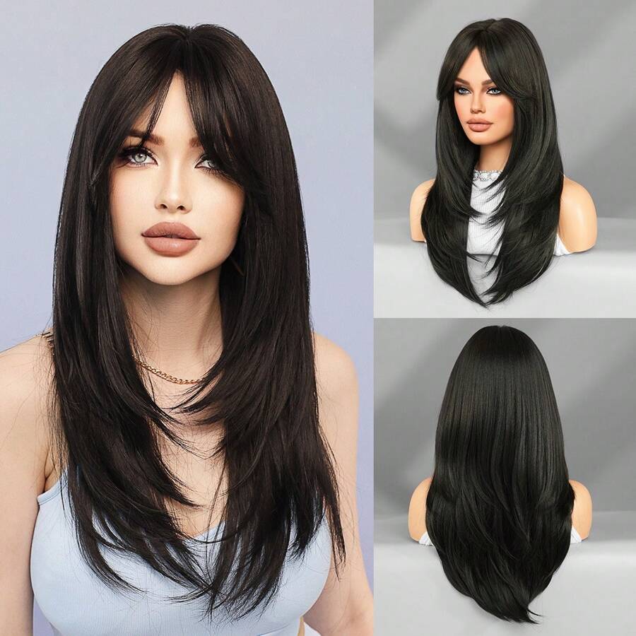 SHEIN باروكة شعر صناعي طويل 24 بوصة بني داكن مموج مع غرة