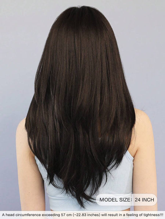 SHEIN باروكة شعر صناعي طويل 24 بوصة بني داكن مموج مع غرة