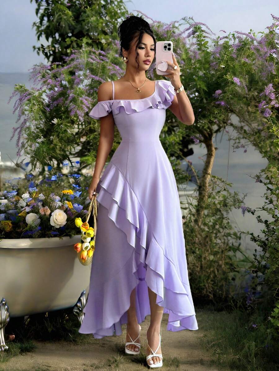 SHEIN SELIANNE فستان بكتف واحد غير متماثل بكشكشة وذيل أنيق بلون أرجواني