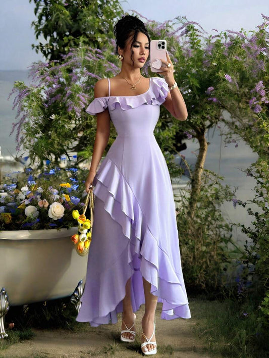 SHEIN SELIANNE فستان بكتف واحد غير متماثل بكشكشة وذيل أنيق بلون أرجواني